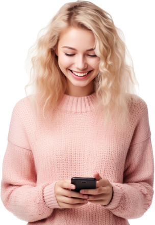 Woman in pink sweater smiling while looking at a phone.